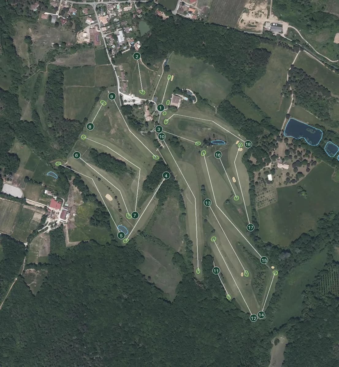 Carte 2D de Teynac : tracés et numéros des 18 trous de la partie d’exemple