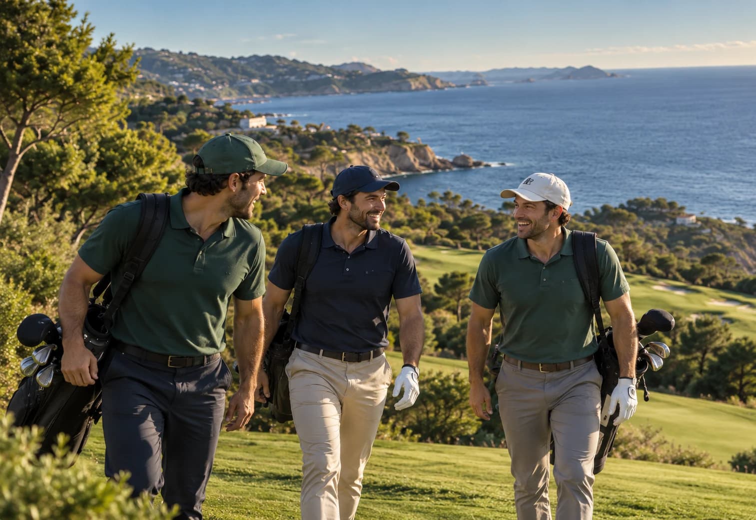 Trois amis partagent une partie sur un parcours en bord de mer