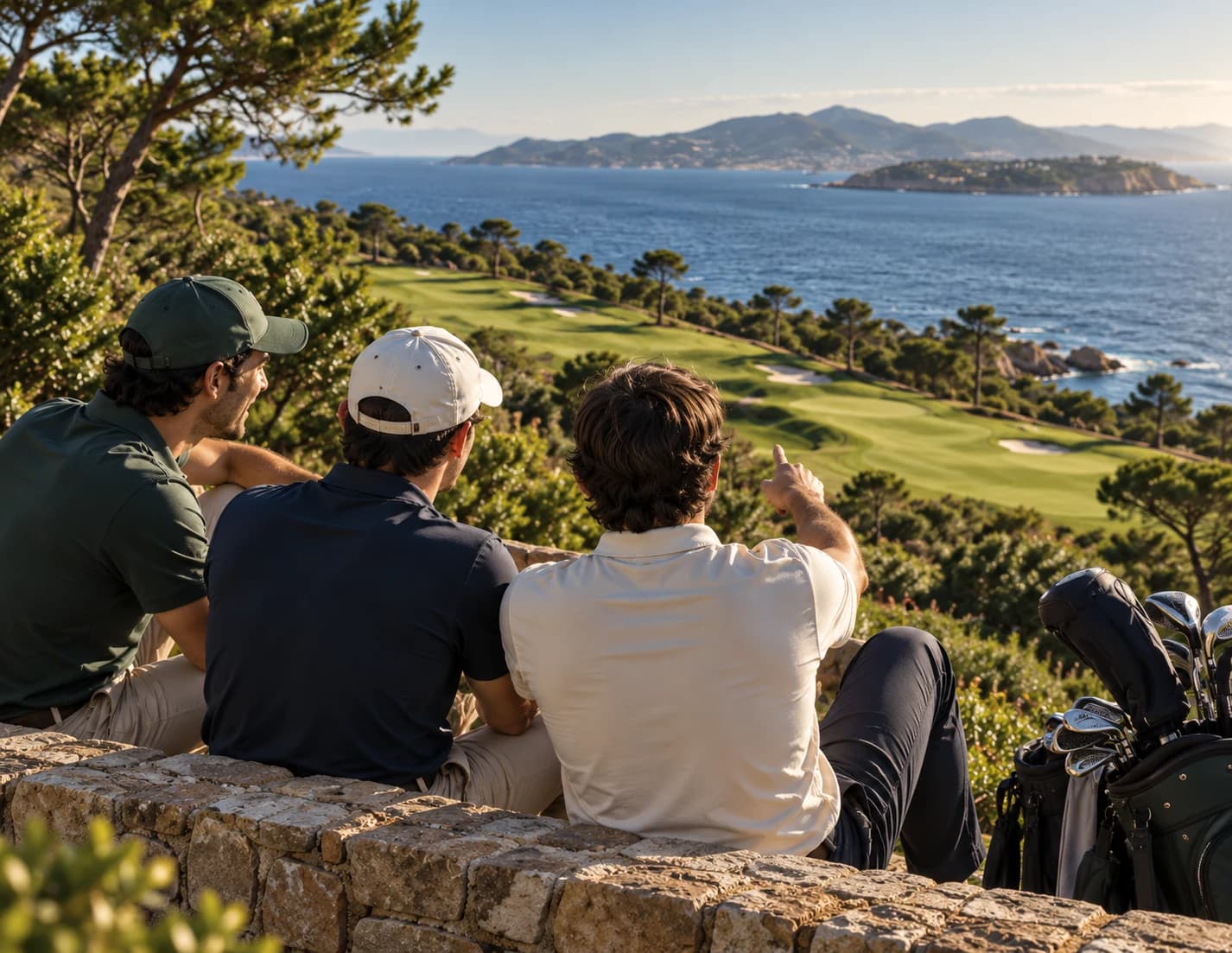 Des amis échangent après leur partie, face au parcours et à la mer